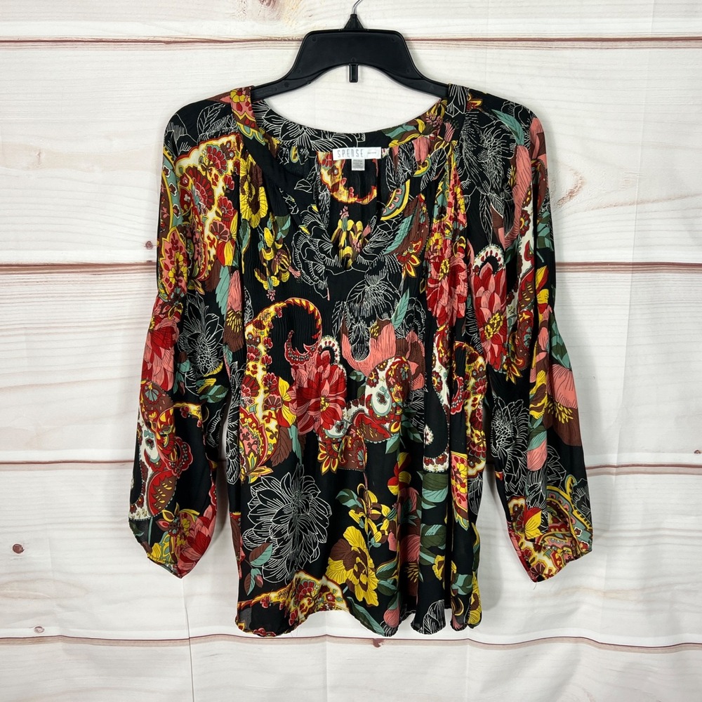 Spense Top Womens PM Black Crinkle Blouse Woven Floral V-Neck Long Sleeve Artsy